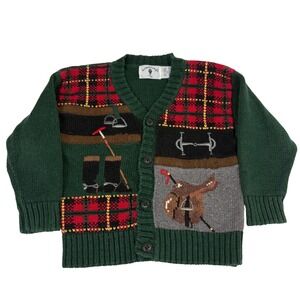 Kitestrings‎ Green Plaid Horse Equestrian Riding Knit Sweater Toddler 3T
